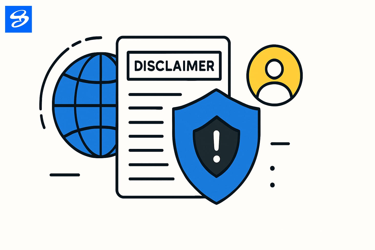 Flat-style illustration of a website disclaimer document with a blue shield, exclamation mark, globe icon, and user profile, representing global responsibility and online safety