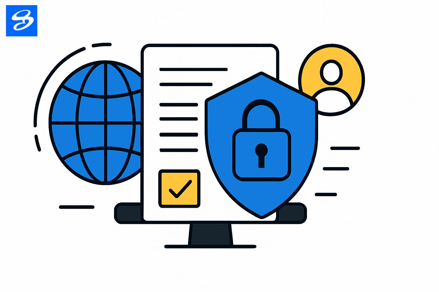 Website terms and conditions illustration with globe, lock, and user icon.